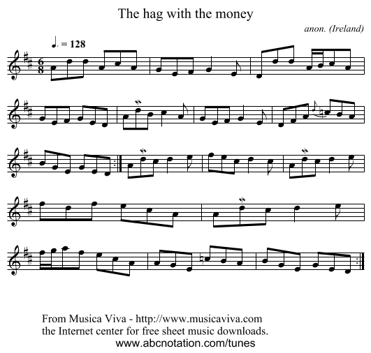 The hag with the money - staff notation