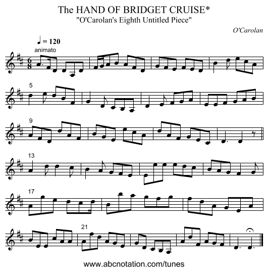 The HAND OF BRIDGET CRUISE* - staff notation