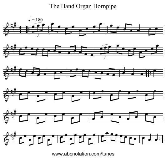 The Hand Organ Hornpipe - staff notation