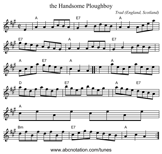 the Handsome Ploughboy - staff notation