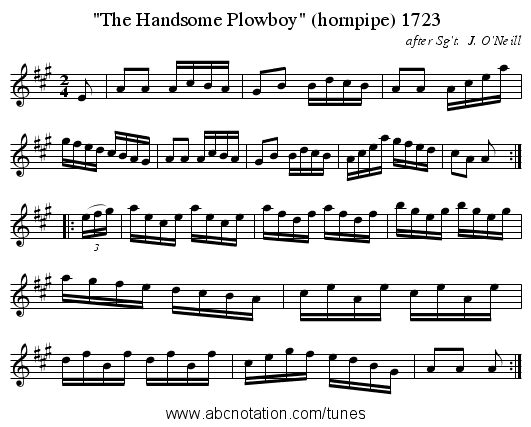 The Handsome Plowboy (hornpipe) 1723 - staff notation