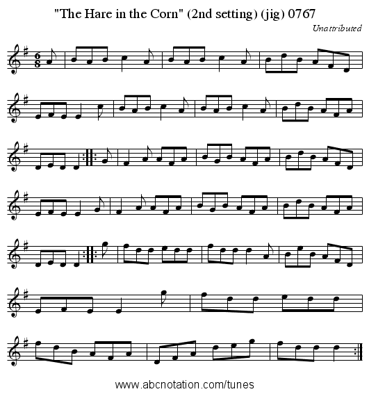 The Hare in the Corn (2nd setting) (jig) 0767 - staff notation
