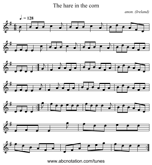 The hare in the corn - staff notation