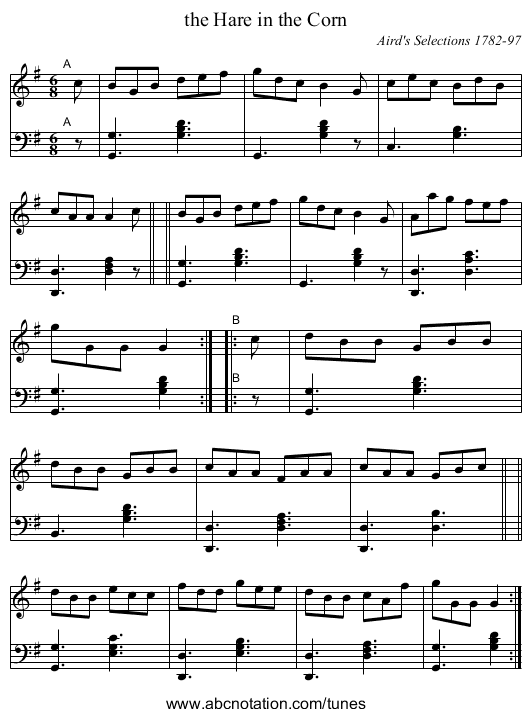 the Hare in the Corn - staff notation