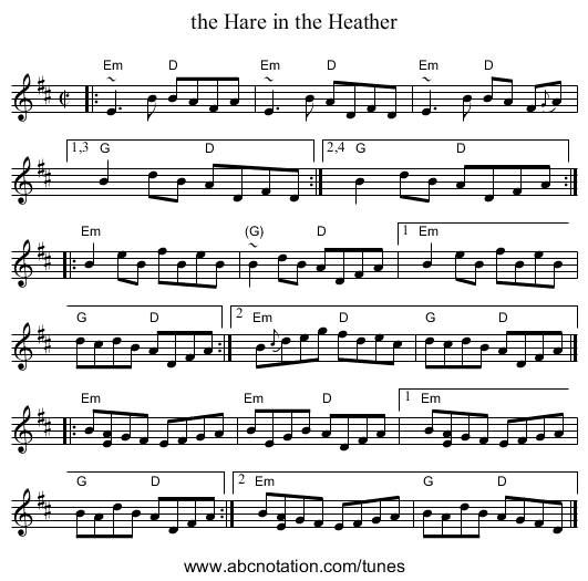 the Hare in the Heather - staff notation