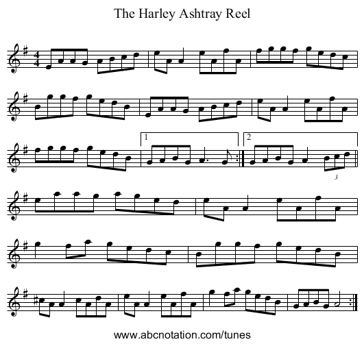 The Harley Ashtray Reel - staff notation