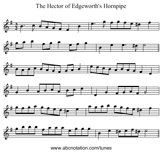 The Hector of Edgeworth's Hornpipe - staff notation