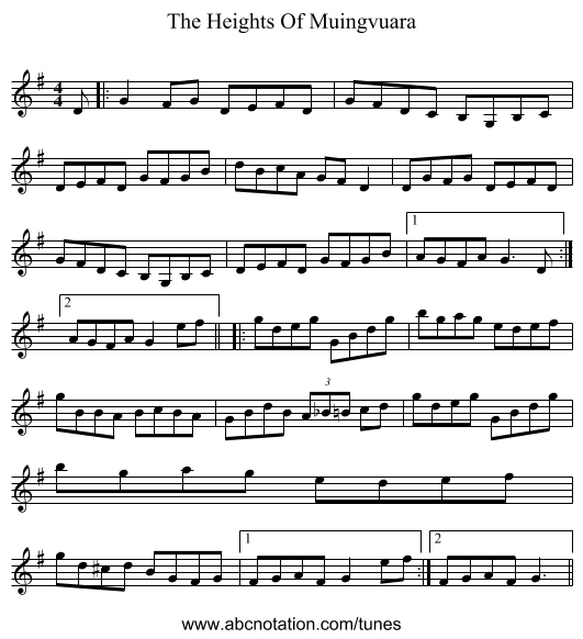 The Heights Of Muingvuara - staff notation