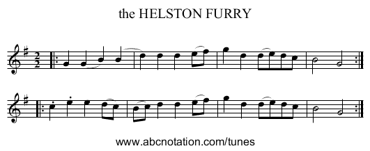 the HELSTON FURRY - staff notation