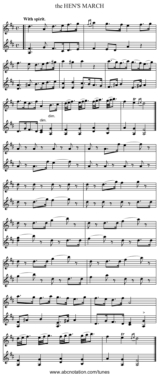 the HEN'S MARCH - staff notation