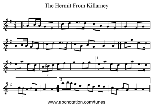 The Hermit From Killarney - staff notation