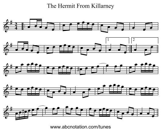 The Hermit From Killarney - staff notation