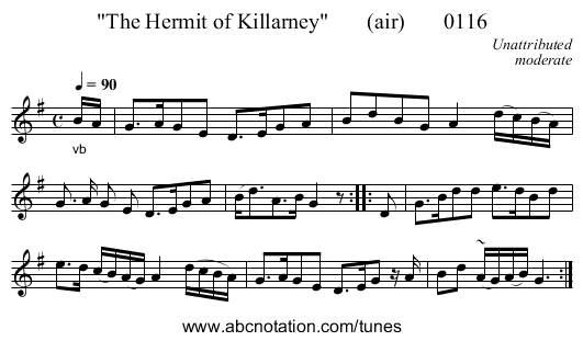 The Hermit of Killarney       (air)       0116 - staff notation