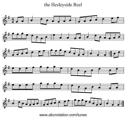 the Hesleyside Reel - staff notation
