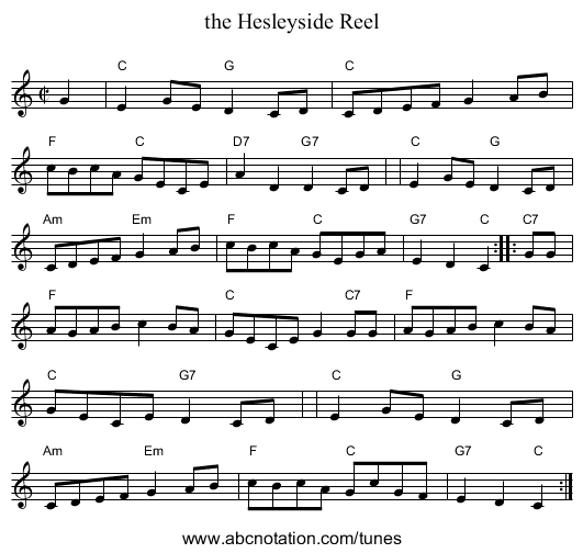 the Hesleyside Reel - staff notation