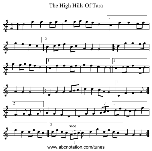 The High Hills Of Tara - staff notation