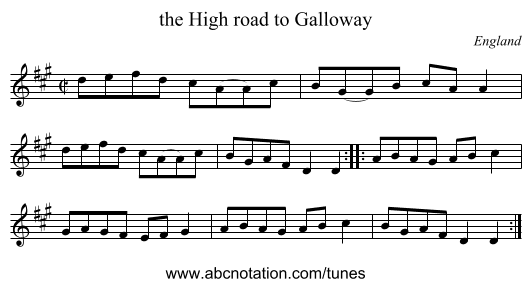 the High road to Galloway - staff notation