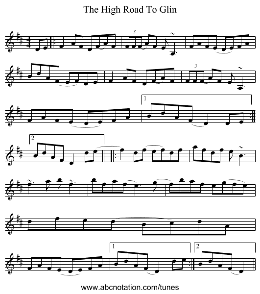 The High Road To Glin - staff notation