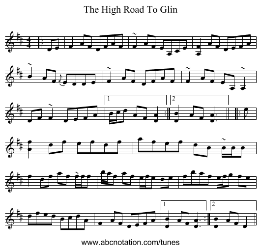 The High Road To Glin - staff notation