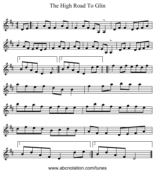The High Road To Glin - staff notation