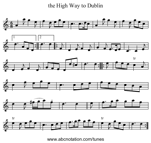 the High Way to Dublin - staff notation