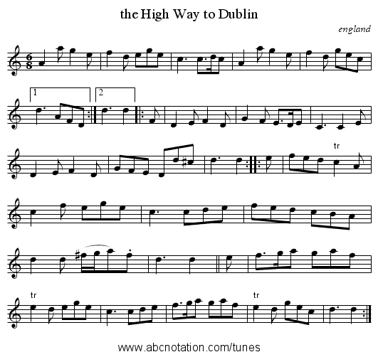 the High Way to Dublin - staff notation