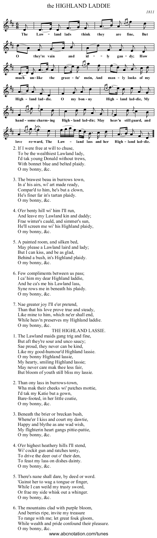 the HIGHLAND LADDIE - staff notation