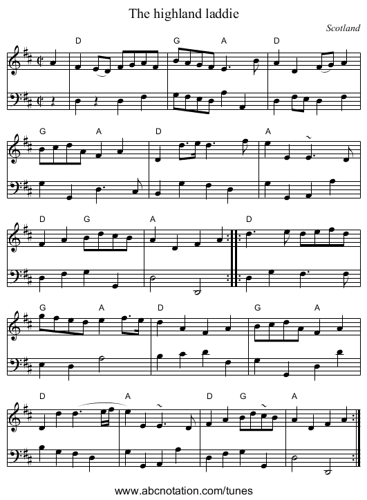 The highland laddie - staff notation
