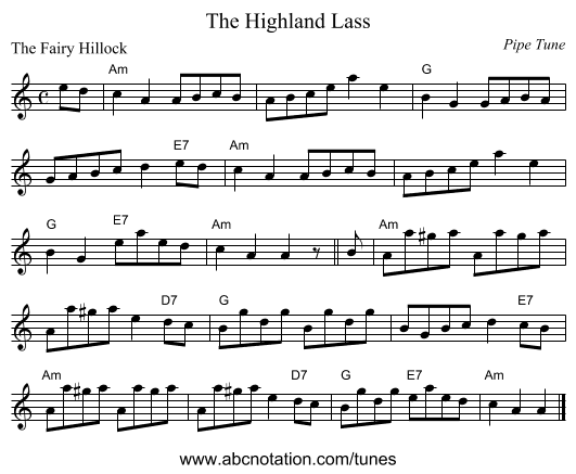 The Highland Lass - staff notation