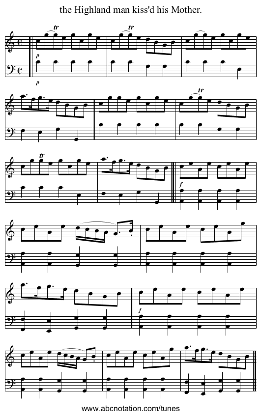 the Highland man kiss'd his Mother. - staff notation