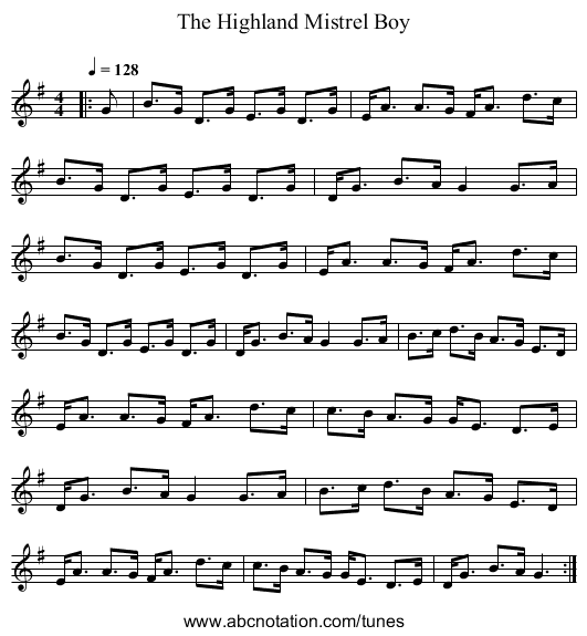 The Highland Mistrel Boy - staff notation