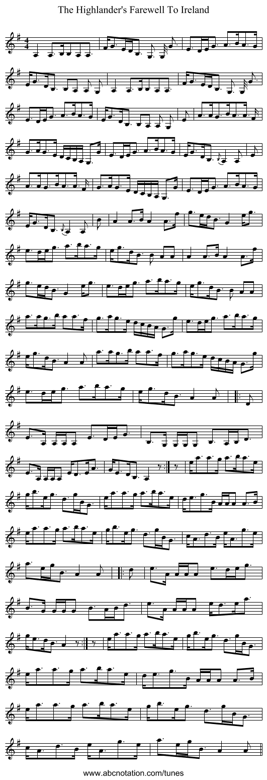 The Highlander's Farewell To Ireland - staff notation