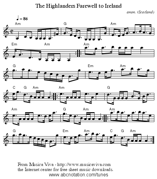 The Highlanders Farewell to Ireland - staff notation