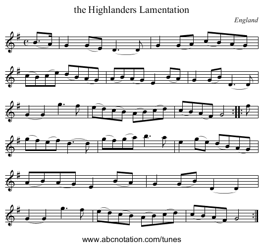 the Highlanders Lamentation - staff notation