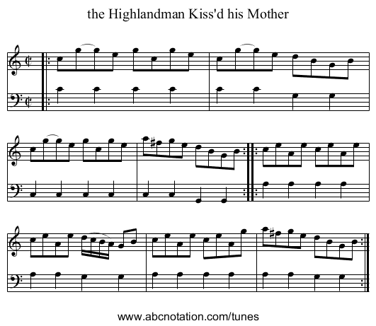 the Highlandman Kiss'd his Mother - staff notation