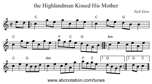the Highlandman Kissed His Mother - staff notation
