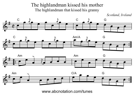 The highlandman kissed his mother - staff notation