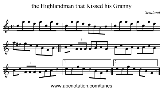the Highlandman that Kissed his Granny - staff notation