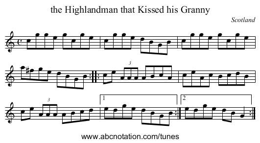 the Highlandman that Kissed his Granny - staff notation