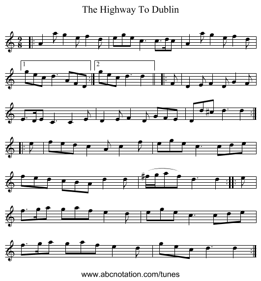 The Highway To Dublin - staff notation