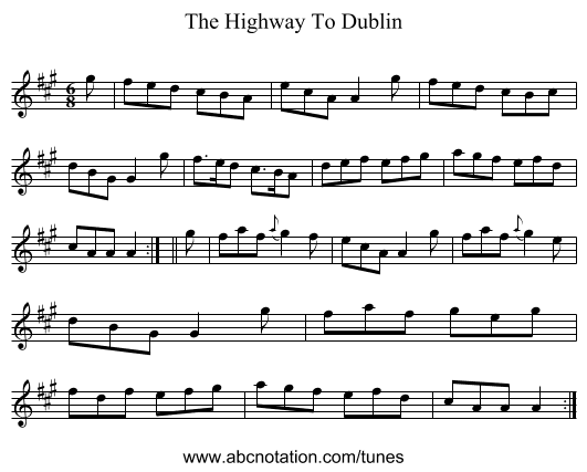 The Highway To Dublin - staff notation
