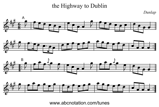 the Highway to Dublin - staff notation