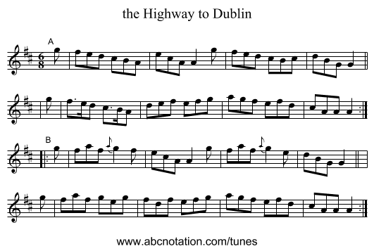 the Highway to Dublin - staff notation