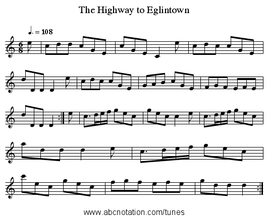 The Highway to Eglintown - staff notation