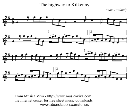 The highway to Kilkenny - staff notation