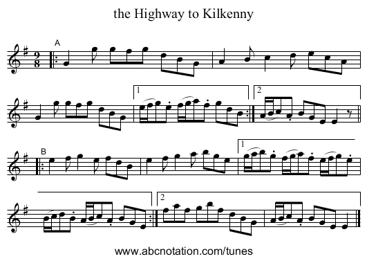 the Highway to Kilkenny - staff notation
