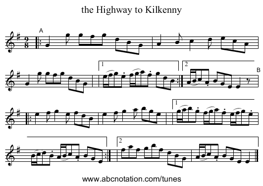 the Highway to Kilkenny - staff notation