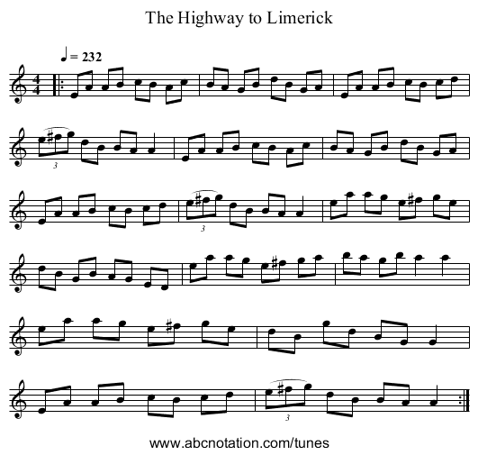 The Highway to Limerick - staff notation