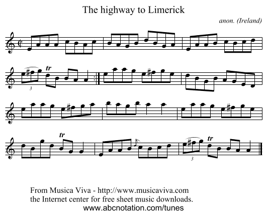 The highway to Limerick - staff notation
