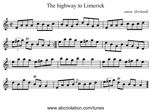 The highway to Limerick - staff notation